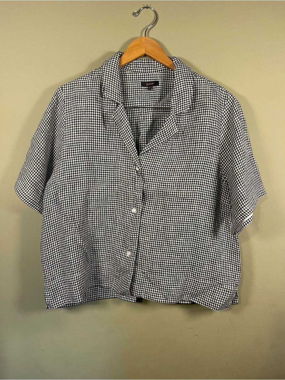 Quince Black & White Gingham Short-Sleeve Button-Down Linen Top - Picture 5 of 8